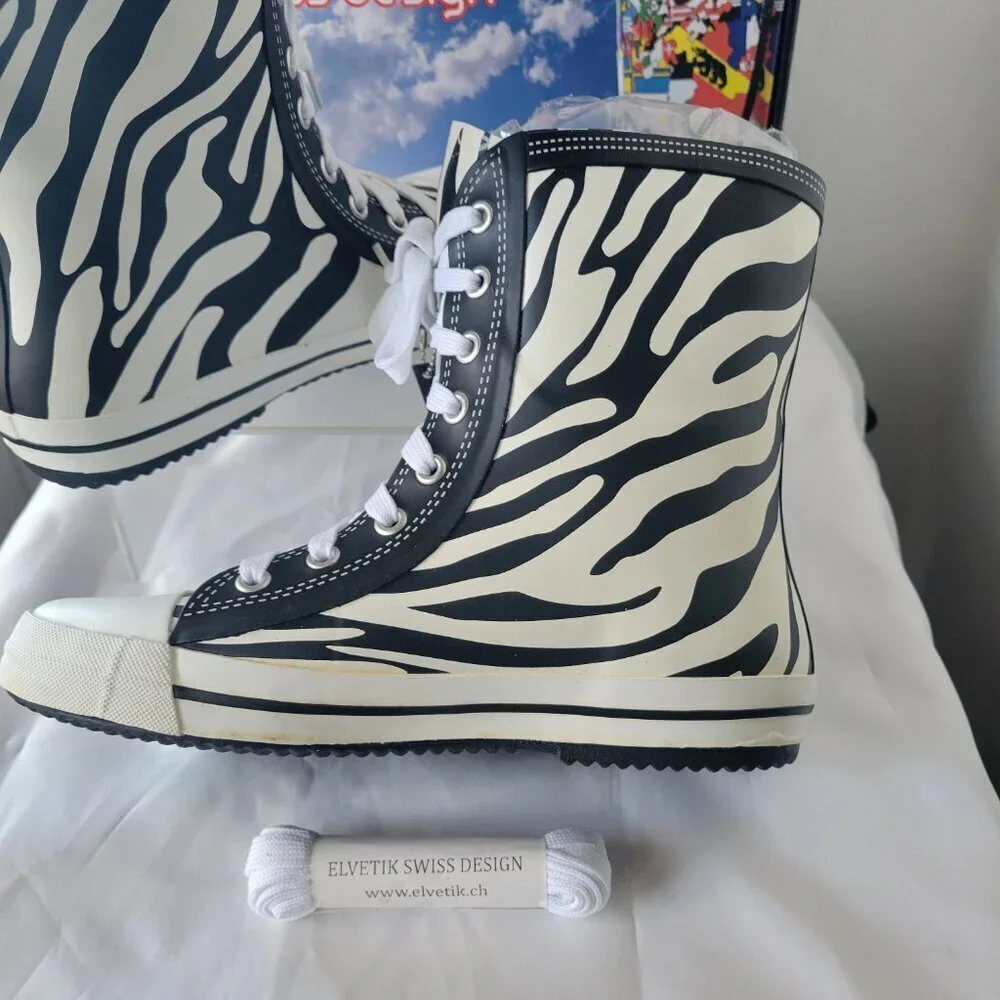 NWT - Elvetik Zebra Stripes Rubber Lace-up Boots Swiss Design (US Size 5)